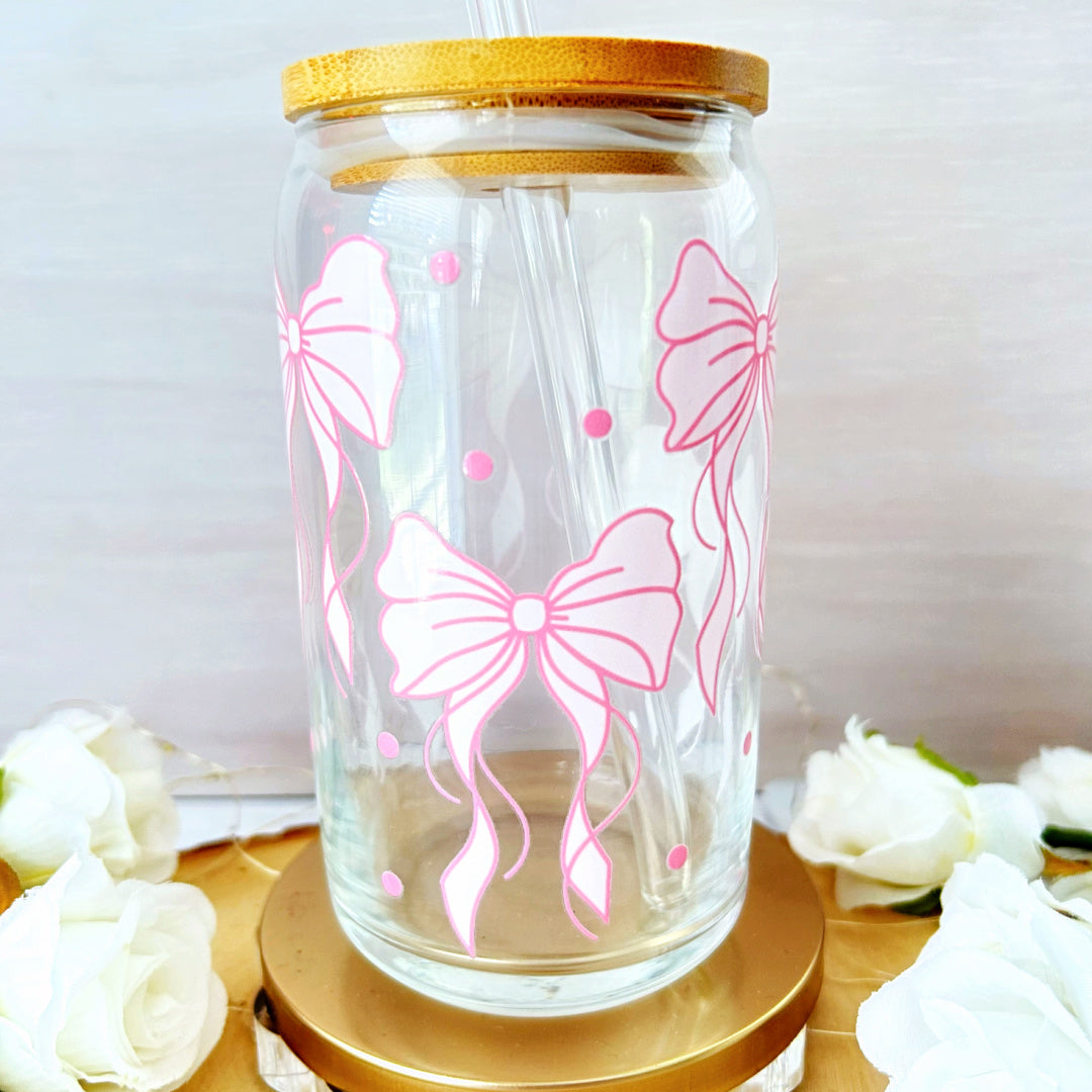 16 oz. Libbey Glass Cup - Pink Croquette Bows