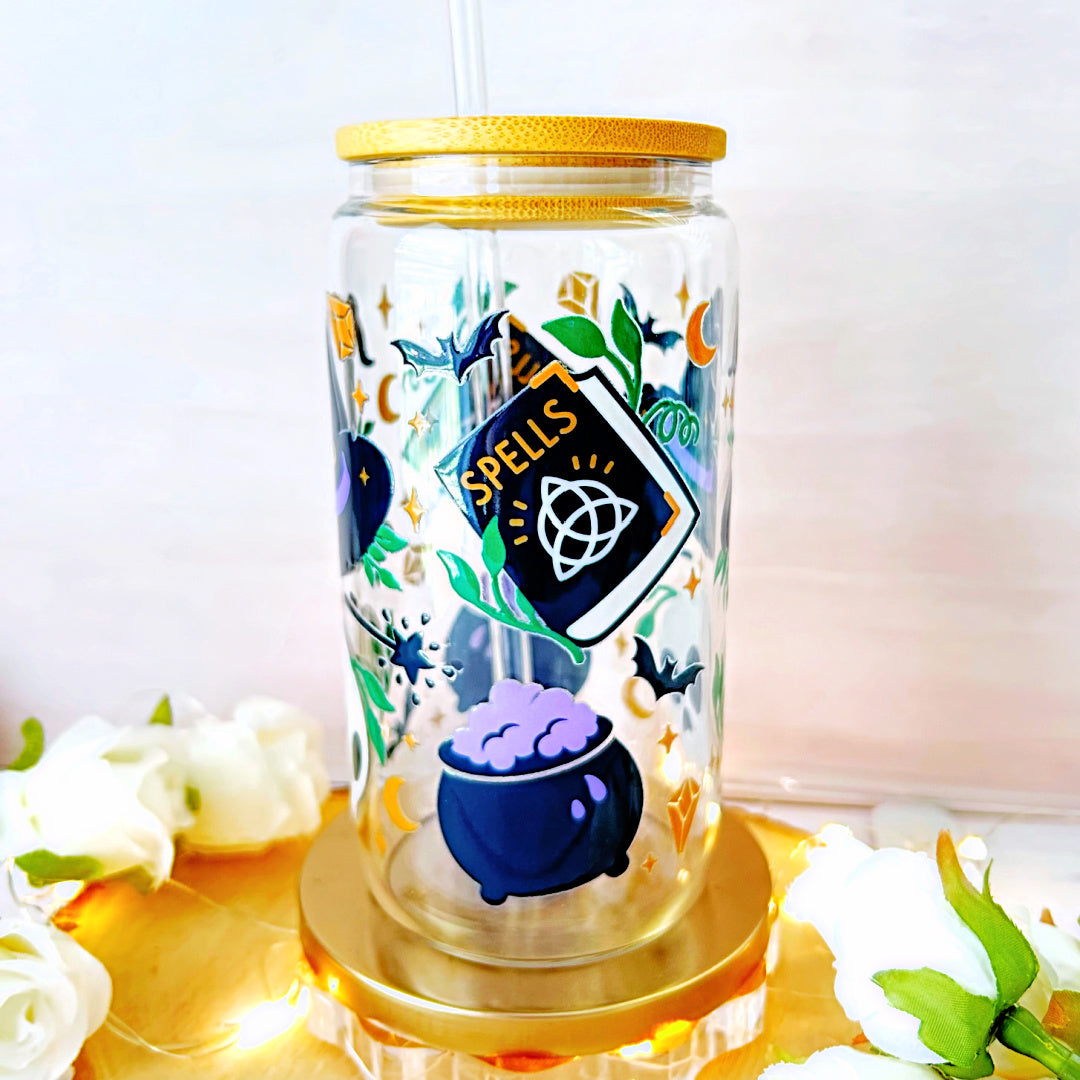 16 oz Libbey Glass Cup - Spell Book & Cauldron