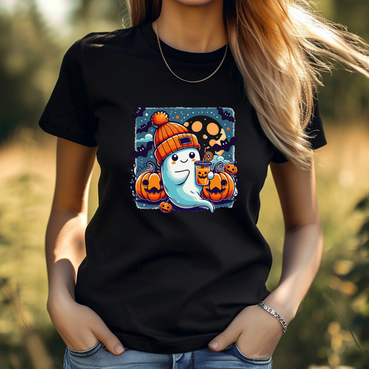 T-Shirt - Cute Halloween Ghost with Pumpkins